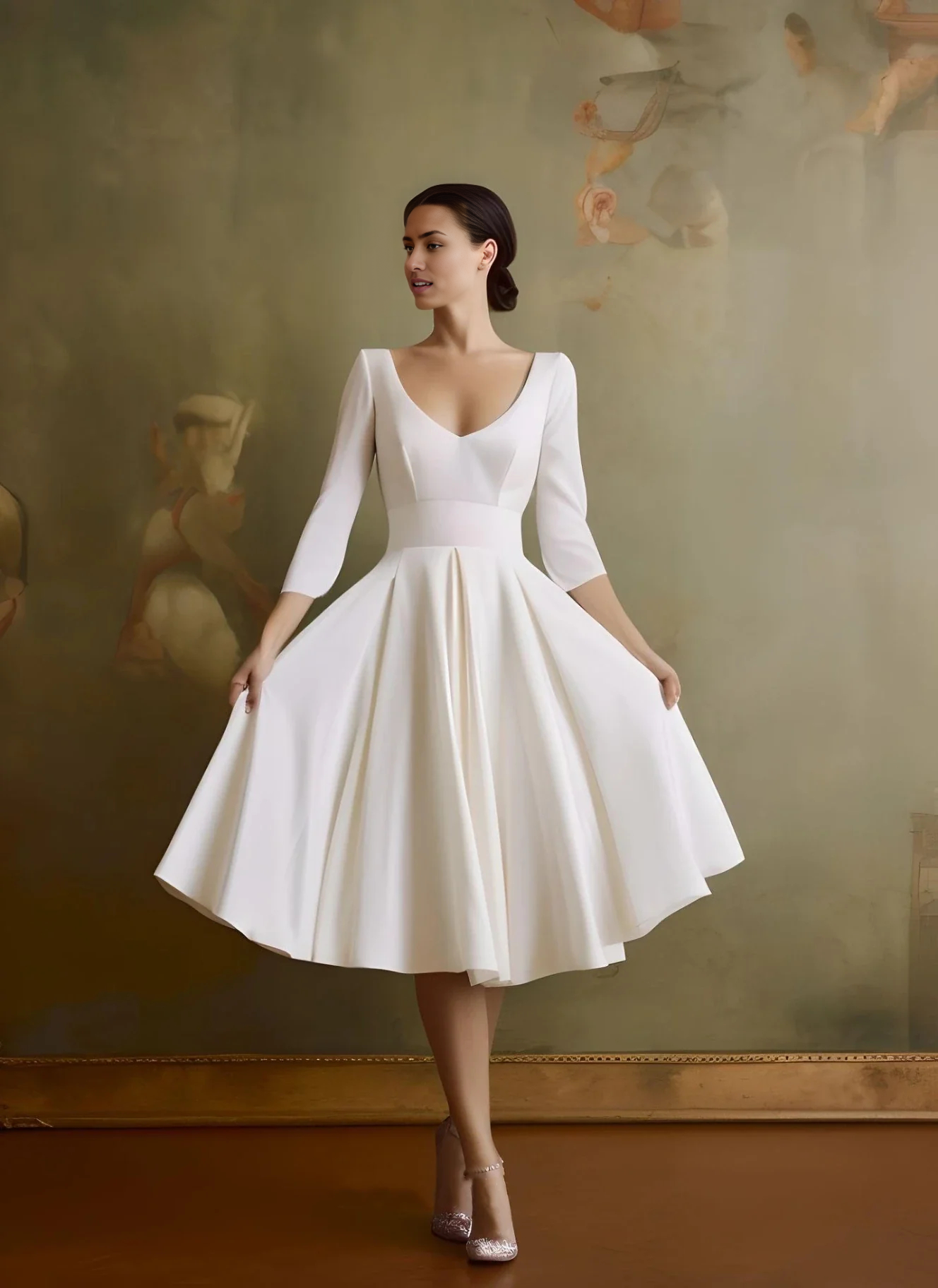 Wholesa A-Line V-neck Vintage Sleeved Satin Tea Length Wedding Dress